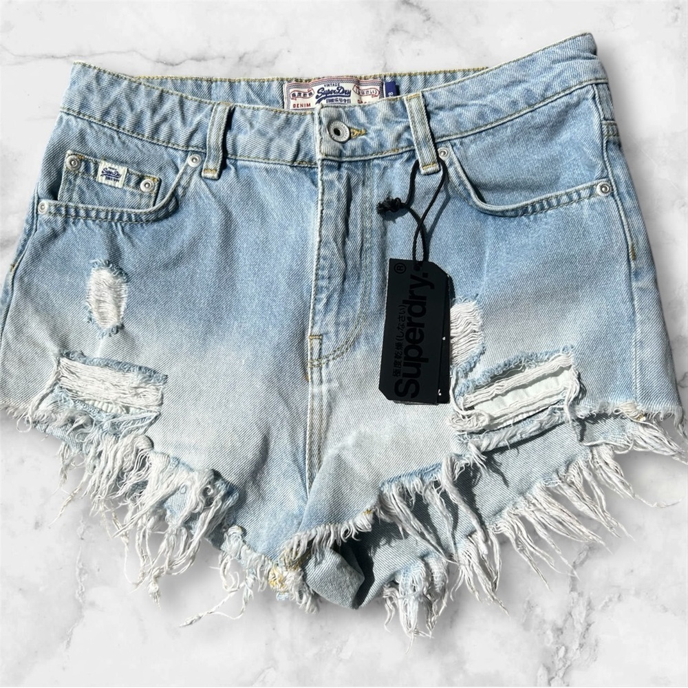 Superdry Eliza Light Blue Distressed cut off shorts sz 28 nwt